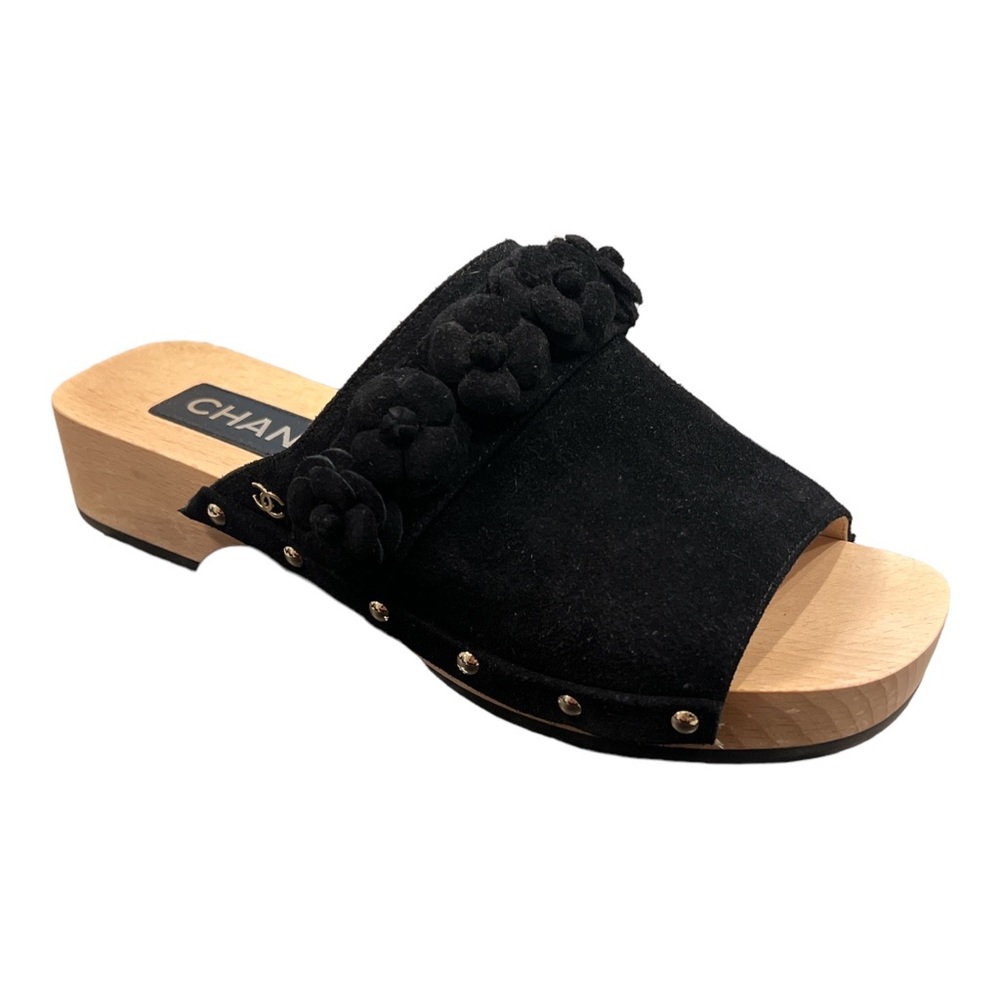 CHANEL Black Suede Mules w/ Gold Studs